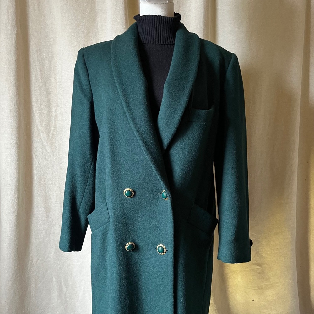 Herman Kay Petite Green Wool Coat Sz 8P Double Breasted Vintage 90s - Picture 4 of 9